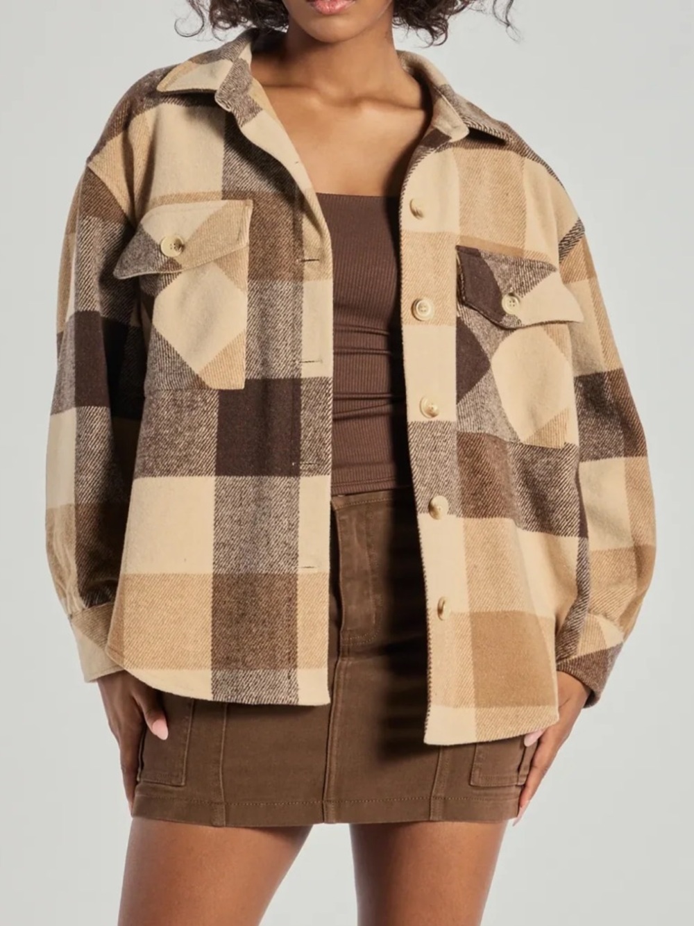 Windsor Beige Brown Cream Plaid Button-Up Oversized Faux Wool Shacket Sz M/L
